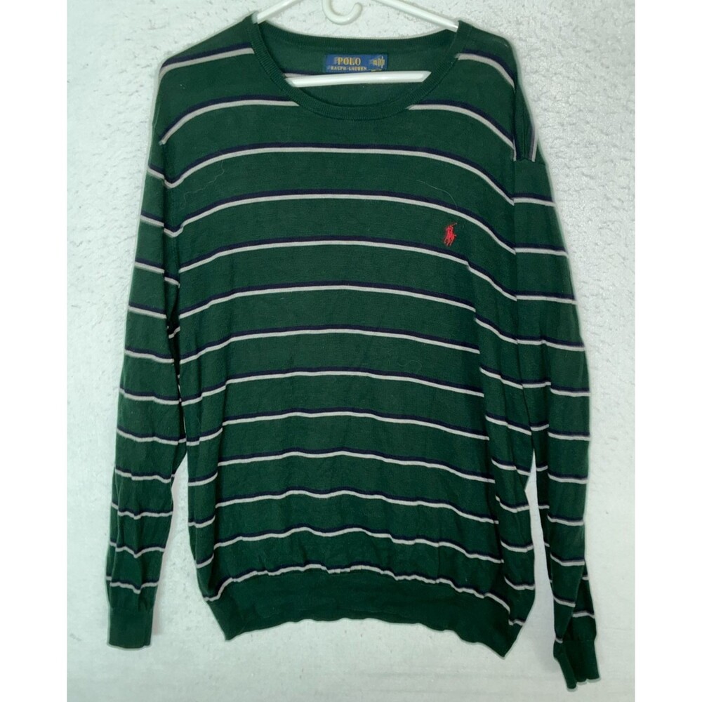 Polo Ralph Lauren Mens XXL Green Striped Pima Cotton Sweater Crewneck Knit